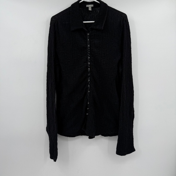 J Jill Top Women Large Black Long Sleeve Snap Button Up Crinkle Lightweight - Picture 1 of 11